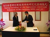 In September 2005, Academia Sinica (AS) signed an agreement with National Institutes of Natural Sciences of Japan (NINS) to join the ALMA-Japan project. AS President Yuan T. Lee shakes hands with Prof. M. Ishiguro, ALMA-Japan project director representing