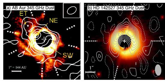 Images of circumstellar disks around Herbig Ae stars, obtained in 345 GHz dust emission (contours) using the SMA