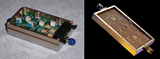 Photos of analog correlator module.  Left - top view of module with custom low noise DC amplifier board.  Right - bottom view of custom 4-lag wide-band analog correlator module consisting of two 4-way Wilkinson power dividers and four double balanced mixers.
