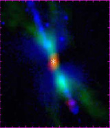 The HH212 molecular jet imaged with the SMA superposed on the H2 image (blue) adopted from McCaughrean et al. (2002). Left: C18O in red and 13CO in green. Right: SO in red and 12CO in green (Lee et al. 2006, ApJ, 639, 292).