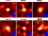 Thermal Sunyaev-Zel'dovich effect (tSZE) images of six galaxy clusters observed with the 7-element AMiBA (AMiBA-7) in 2007.  Figure taken and modified from Wu et al. 2009, ApJ, 694, 1619.
