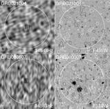The first ALMA-Taiwan result published with Cycle 0 data. Gamma-ray burst host galaxies are observed at 345 GHz with ALMA (left panels) and compared to Hubble Space Telescope images (right). In the ALMA panels, black boxes indicate the optical positions of the host galaxies. Only one host galaxies was detected (lower panel) and a strong upper limit was set to the second one, indicating that host galaxies are luminous infrared galaxies with star formation rates of a few tens of solar mass per year. (Wang et al. 2012, ApJL, 761, 32)