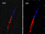 The SiO J=8-7 and CO J=3-2 images of the jet driven by the class 0 protostar, L1448C(N), observed with the SMA at a resolution of ~0.5". The blue and red are the approaching and receding parts of the jet, the green is the 350 GHz continuum emission, which indicates the position of the protostar.