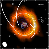 Left panels: 12CO 2-1 integrated intensity map (M0, upper-left panel) and the velocity dispersion map (M2, lower-left panel) toward the circumstellar disk of the Herbig Ae star AB Aurigae from the PdBI observations. Four molecular spiral-like structures are identified based on these two maps and are marked as white arcs in the M2 map. 
Right panel: dense disk traced with the thermal dust continuum emission at the wavelength of 1.3 mm (shown in color scale and in black contours). The white contours at the stellar location is the free-free emission at the wavelengths of 3.6 cm. The blue and red contours represent the 12CO J=2-1 line emission at the projected velocity of -4 and 3 km/s with respect to the systematic velocity.