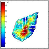 Magnetic field strength map for the collapsing core W51 e2, calculated with the polarization-intensity gradient method (Koch, Tang and Ho, 2012, ApJ 747(1), 79, 2012-03).