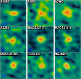 SZE maps of 8 clusters observed by AMiBA 13-element array. Size of each map is 12’x12’, slightly larger than the half-power width of the primary beam, shown as the large green circle. Shaded ellipse at the bottom left of each map represents the synthesized beam. Contours show the signal-to-noise ratio separated by 1-sigma, starting from 3-sigma (positive and negative).
