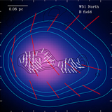 SMA observational results of the dust continuum emission at wavelengths of 870 micron (color scales and contours) and the magnetic field projected in the plane of sky (shown in segments). 
The observed magnetic field orientations (red segments) on the ∼0.3 pc scale with the SMA subcompact configuration (SMA-SubC, color scale and cyan contours) shows some mirror-symmetry features from north to south. Here, the field lines might be channeling and aligning material from both north and south. At a∼60 mpc scale resolution observed with the SMA extended configuration (SMA-Ext), dense cores are, indeed, detected along the east–west mirror symmetry axis (black contours). Smooth changes in field morphologies (white segments) are found within individual cores, whereas large overall changes in position angles can occur in between the cores.
