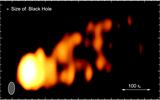 VLBA total intensity map of the M87 jet at 43 GHz (2-a), showing the synchrotron radiation of relativistic electrons. A hollow, edge-brightened emission of the jet up to ~ 500 r_s is clearly seen. A small circle indicates the size of the black hole shadow, which the GLT project is seeking to resolve with future sub-mm VLBI observations.