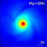 In the bottom panels, square sections of surface density simulated with <b>Antares</b> are shown centered at the locations of protoplanets. The surface density is obtained by vertical integration over <i>z</i> < 0.0156 AU (the height of the finest level) for protoplanets with masses of 4, 8, and 16 Earth Masses, respectively. The central star is located on the left and the protoplanets are orbiting the central star counterclockwise. On top of each surface density is the corresponding volume density cutting through the plane defined by