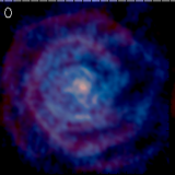 Spiral-shell circumstellar pattern of CIT 6 is revealed in our SMA CO J=2-1 channel maps, in blue, shown atop the earlier VLA HC3N J=4-3 (Claussen et al. 2011) in red. In addition, non-spherical outflow in the central region is clearly seen at the edge velocity channels (i.e., about -20 km/s and 20 km/s). The channel center velocity with respect to the systemic velocity is labeled at the top left corner of each panel. The CO and HC3N beam sizes are denoted at the bottom right.