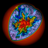 This image is a slice through the interior of a supermassive star of 55,500 solar masses along the axis of symmetry. It shows the inner helium core in which nuclear burning is converting helium to oxygen, powering various fluid instabilities (swirling lines). This snapshot shows a moment one day after the onset of the explosion, when the radius of the outer circle would be slightly larger than that of the orbit of the Earth around the sun.
