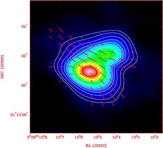 Magnetic field vectors shown in red as measured in dust polarization by the SMA