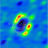 The HCO+(3–2) line emission at 267 GHz observed with the SMA in the young planetary nebula NGC 7027 (Huang, Trung, Hasegawa et al. 2006, in preparation). The contours show H2 line emission excited by UV radiation (Cox ets al. 2002, A&A, 384, 603). The col