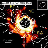 Images of circumstellar disks around Herbig Ae stars, obtained in 345 GHz dust emission (contours) using the SMA (AB Aur: Lin et al. 2006, ApJ, 645, 1297, HD 142527: Ohashi et al. 2006 in preparation). Background: coronagraphic images taken by the Subaru 