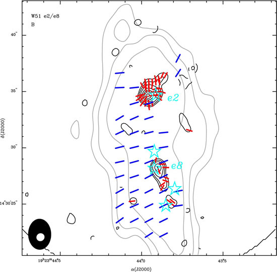 Morphology of magnetic field in high mass star formation region - W51 e2 and e8 cores