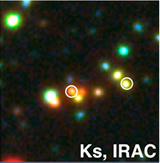 Ultradeep multiwavelength images of the submillimeter galaxies GOODS 850–23 (top) and GOODS 850–13 (bottom). Left – 0.88 mm continuum images observed with the SMA. Middle – False color optical images observed with the HST ACS. Right – False color infrared images made with CFHT Ks (blue) and Spitzer IRAC (green and red) images. Small solid circles in all panels indicate the SMA sources.