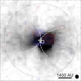 Blueshifted and redshifted outflow components obtained in the CO (2-1) emission with SMA (this work),  superposed on the infrared reflection nebula obtained in the 4.5 um image with Spitzer/IRAC (Bourke et al. 2006)