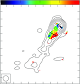 Left: VLBA rotation measure (RM) map of 3C 216 from 12 to 24 GHz. A clear gradient transverse to the direction of the jet is observed. Thick line indicates the region where slice is taken. Right: Slice of the RM and fractional polarization. Beamsize is indicated by the horizontal line in the bottom left. Fractional polarization shows indications of an increase towards the edges of the jet.