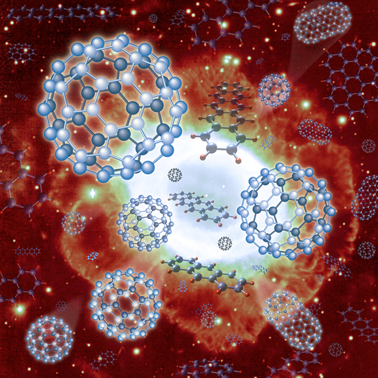 Artist impression of fullerenes in front of a planetary nebulae.