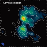 Two submm sources in the B1-b molecular cloud core. (Left) Thermal dust emission at 1.1 mm observed with the SMA (white contours) on top of the mid-IR image taken with the Spitzer space telescope (color image). (Right) N2D+ emission line observed with the SMA and SMT. (Huang & Hirano 2013, ApJ, 766, 131)