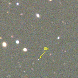 False-color (RGB channels corresponding to DECam irg filters) image of the field surrounding DES15E2mlf (marked by the yellow arrow), a superluminous supernova discovered at redshift of 1.86 (Pan et al. 2017). DES15E2mlf is one of the highest-redshift superluminous supernovae ever confirmed. North is up and east is left.
