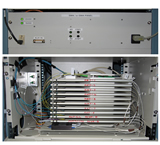 Top photo - eSMA control panel consisting of DC power supply, ADAM-6050 monitor and control module, and custom logic board.  Bottom photo - Single-mode fiber splice trays with two black Newport SPDT optical switches at bottom.