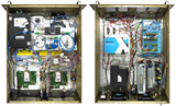 Internal photos of LORTM instrument.  Left - top view of optical components including Sumitomo Mach Zehnder modulators (x2), Centellax RF power amplifiers (x2), Amonics erbium doped fiber amplifier, fiber Bragg grating filters, along with other auxiliary items.  Right - bottom view consisting of DC power supplies, ADAM monitor & control, TexaXion laser, and Miteq IF power amplifier.